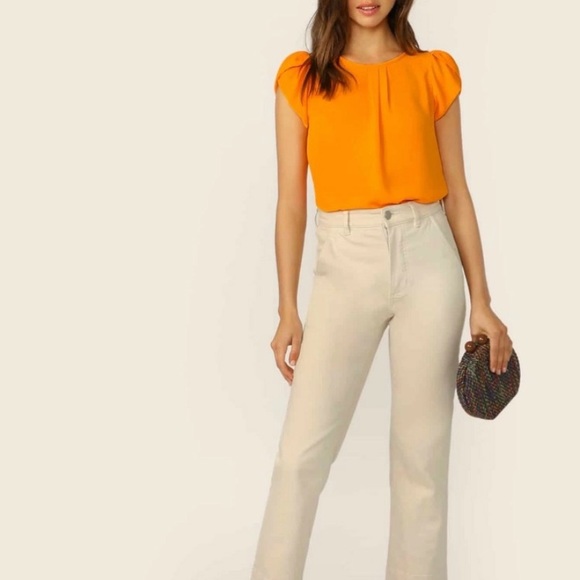 Neon Orange Keyhole Back Petal Sleeve Solid Top - Picture 4 of 5